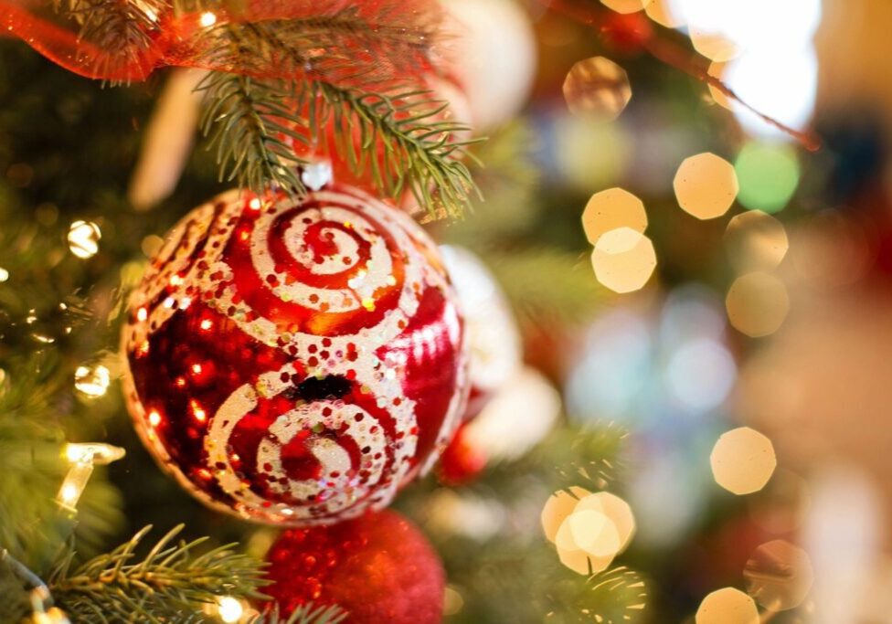 A closeup look at the ornament hanging of the Christmas tree